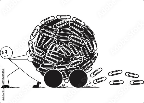 Stick figure pushing a giant rolling ball made of many paper clips, representing a heavy workload or burden.