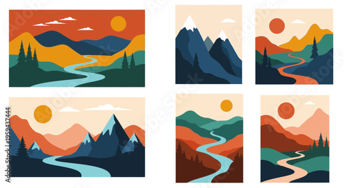 Set of 6 Minimalist Abstract Mountain Landscapes with Rivers and Sun, Flat Vector Nature Illustrations in Earth Tones
