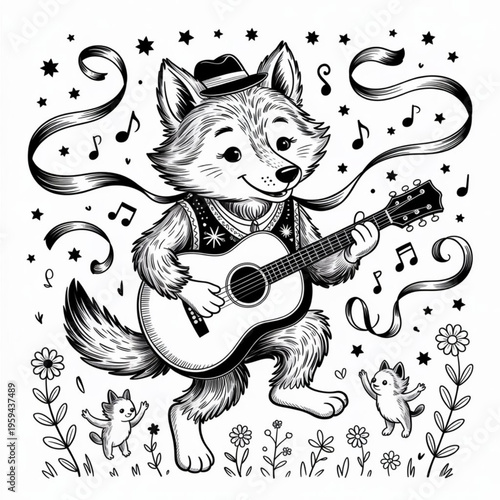 Black and White Whimsical Wolf Musician Guitar Player Illustration, Adorable Storybook Wolf with Guitar Line Art, Decorative Animal Music Design