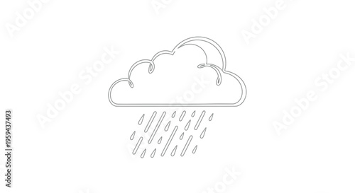 A simple grey line drawing of a fluffy cloud raining