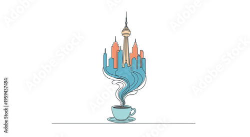 A cup of coffee steam forms a city skyline with a prominent tower