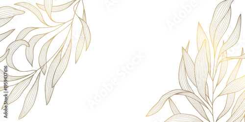 Luxury gold floral pattern with elegant line leaves and flowers on white background. Vector illustration, Japanese ornament with modern art deco style, organic shapes, flowing lines.