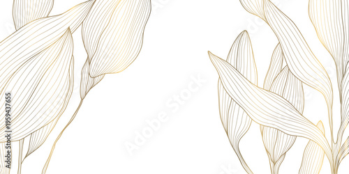 Luxury gold floral pattern with elegant line leaves and flowers on white background. Vector illustration, Japanese ornament with modern art deco style, organic shapes, flowing lines.