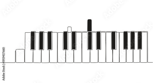 A minimalist, continuous line drawing of piano keys with some black keys highlighted