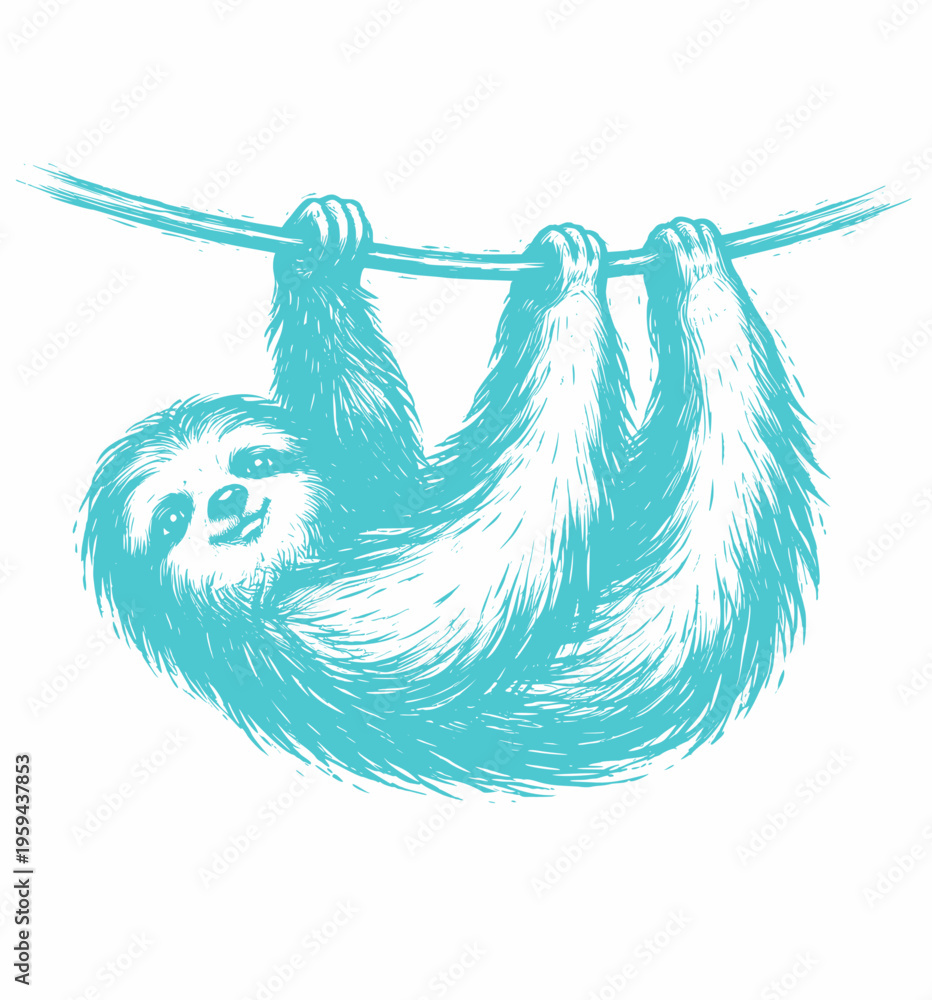 Obraz premium Vector illustration of a cute sloth hanging from a line, depicted in a playful brush stroke style with a vibrant blue-green color, isolated on white