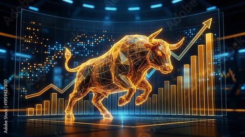 A glowing digital bull symbolizes a bullish stock market with rising bar charts and upward trend lines in a futuristic virtual interface.