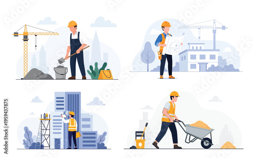 Construction workers using tools and safety gear in vector illustration set.