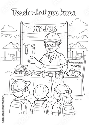 coloring book page father teaching children about his job at a May Day booth