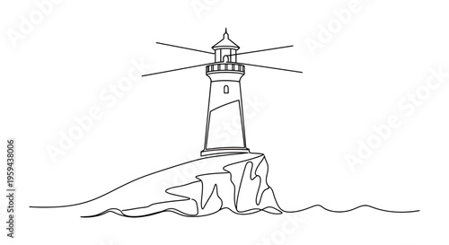 A solitary lighthouse stands tall on a rocky outcrop, projecting beams into the distance