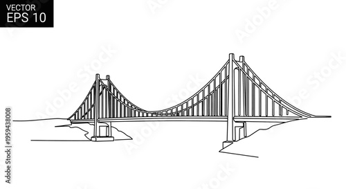 Minimalist line art of a suspension bridge connecting land masses over water