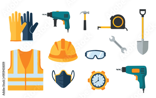 Construction tools and safety equipment icons collection.