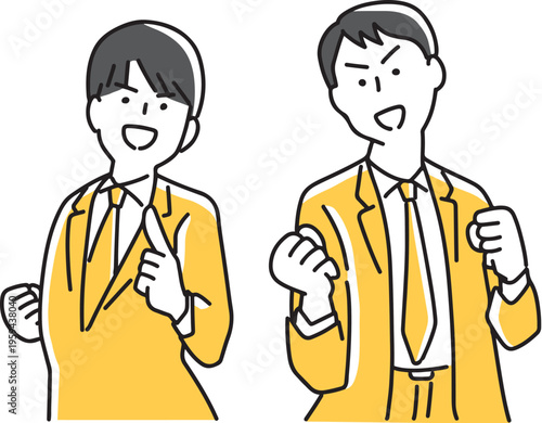 力強いポーズをとる2人の男性会社員