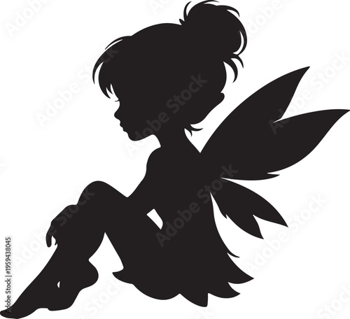 Cute Fairy Silhouette Sitting with Wings Isolated on White Background - Vector Illustration