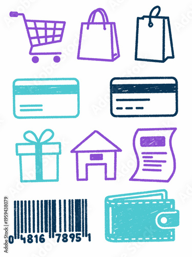 Hand-drawn vector icons of shopping and payment methods in a playful chalk style, featuring carts, bags, cards, and gifts for e-commerce design