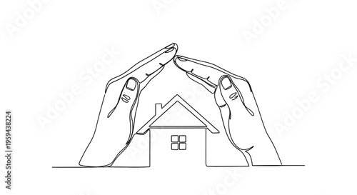 Minimalist line art shows hands forming a protective roof over a house