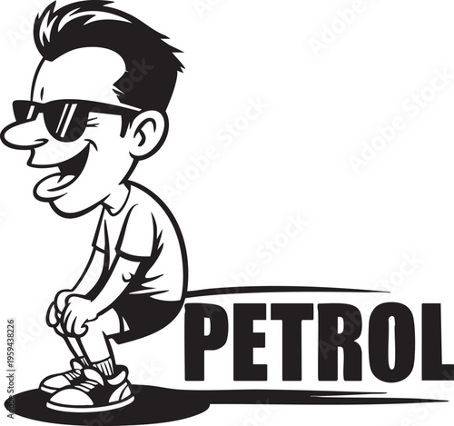 A playful cartoon character urinating petrol, depicted in black and white, conveying a quirky and humorous scene.
