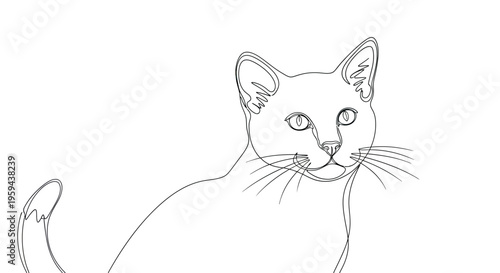 Delicate one-line drawing of a cat's head, focusing on its alert ears and observant eyes