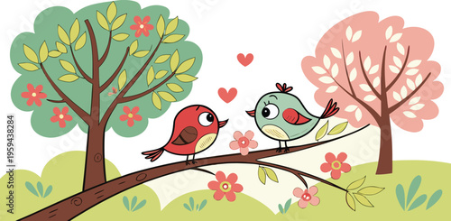 Love Birds' Serenade: Adorable lovebirds perched on a flowering branch, their eyes locked in an expression of affection. Surrounded by blossoming trees.