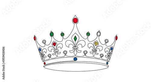 Ornate black outlined crown with colorful faceted gems and fleur-de-lis