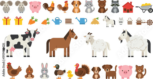 Farm Animal Set Featuring Sheep, Pigs, Chickens, Horses, Goats, and Farm Tools for Rural Life and Agricultural Illustrations