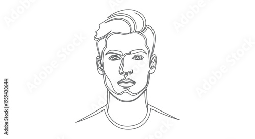 Striking grey line art portrait of a young man's face with styled hair