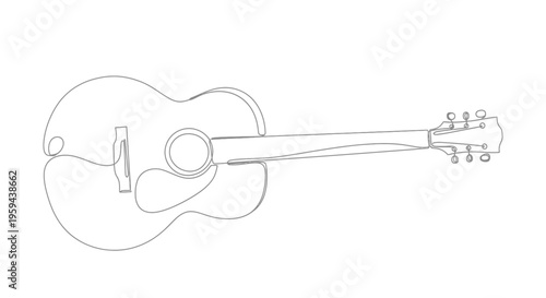 Continuous line drawing of an acoustic guitar shown from the side
