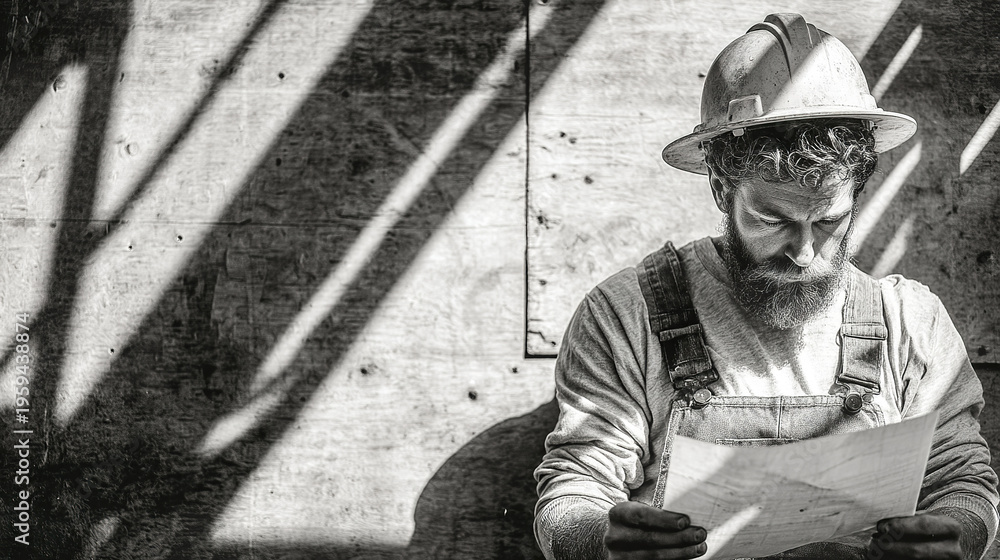 Fototapeta premium Construction worker wearing helmet and overalls reading blueprint on site with strong shadows and textured wall background in black and white artistic style