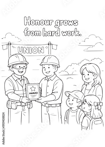 coloring book page father receiving honor for hard work with family and union supporters
