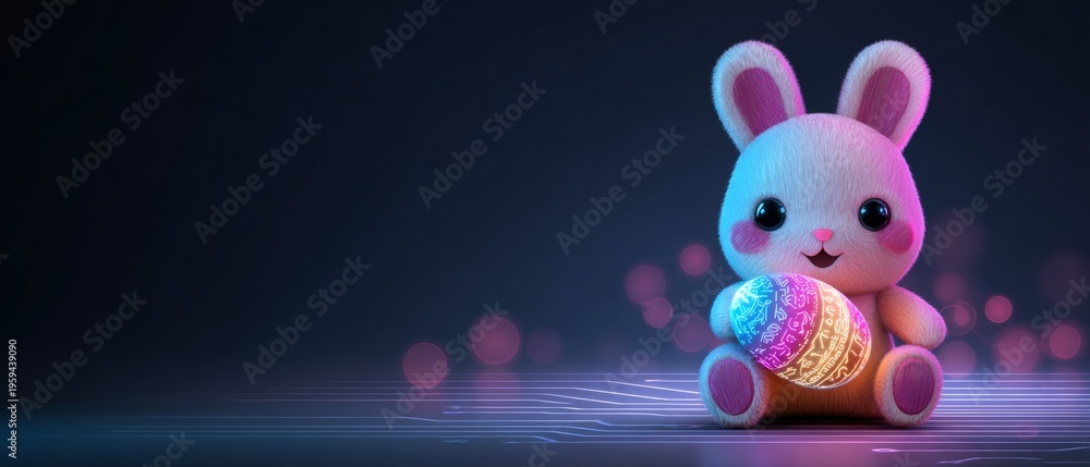 Obraz premium Artful easter celebration: colorful bunny holds decorated egg. Ai concept. Charming multicolor bunny holding easter egg against solid background. Technology future. Cyber technology.