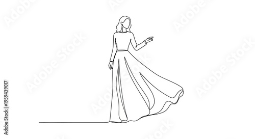 Single line drawing of a woman in a flowing gown, pointing
