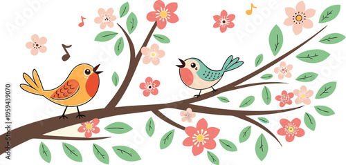 Blossom Birdsong: Two charming birds sing their hearts out from a branch adorned with spring blossoms, creating a whimsical symphony of nature.