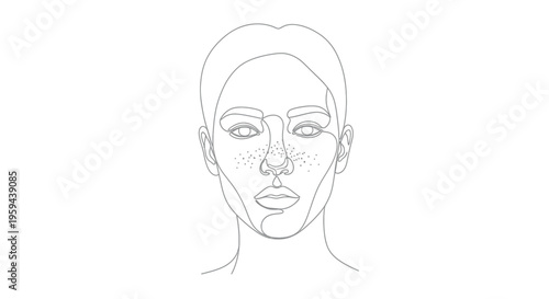 Minimalist gray line art of a face with freckles
