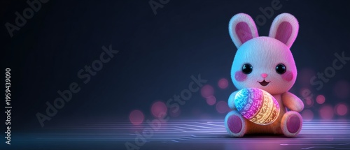 Artful easter celebration: colorful bunny holds decorated egg. Ai concept. Charming multicolor bunny holding easter egg against solid background. Technology future. Cyber technology.