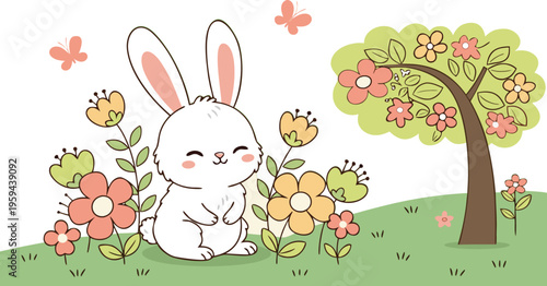 Springtime Serenity: A whimsical illustration of a fluffy white rabbit, surrounded by blooming flowers, butterflies, and a vibrant tree, evoking the joy and freshness of spring.