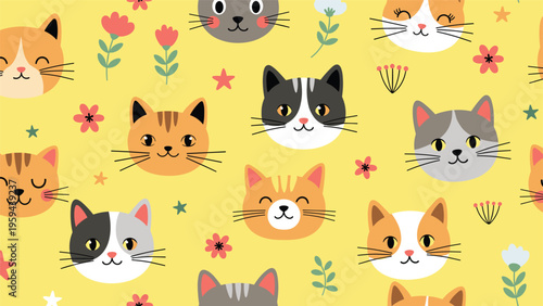 Adorable seamless pattern of various cute cat faces and small colorful flowers on a bright yellow background for pet lovers and kids.