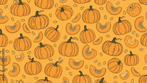 Cheerful autumn seamless pattern with whole pumpkins, cut slices, and seeds scattered across a warm orange background for fall.