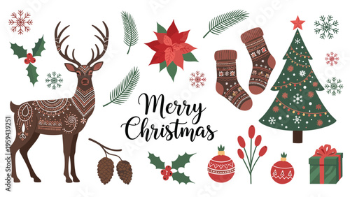 Festive Christmas holiday collection featuring a decorative reindeer, evergreen tree, socks, and various seasonal elements.