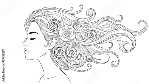 Elegant line art illustration of a woman in profile with long wavy hair decorated with delicate roses over a white background for coloring.
