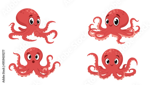 Set of four cute pink octopus cartoon characters with different facial expressions and poses isolated on a white background for fun design.
