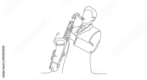 Single line drawing of a person playing a saxophone