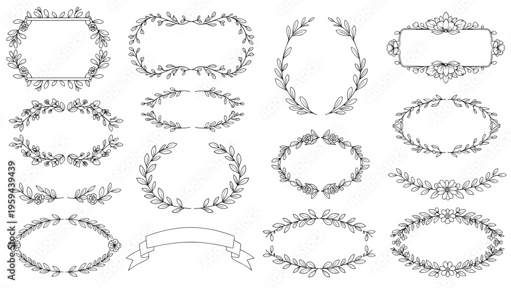 Fototapeta premium Extensive set of hand-drawn black and white floral wreaths, frames, and dividers for wedding and card design.
