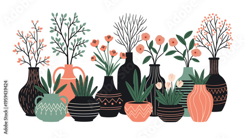 Detailed illustration of diverse houseplants in stylized ceramic pots and vases arranged on a white background.