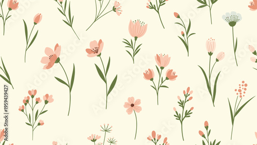 Delicate floral seamless pattern with soft pink and white wildflowers and green stems on a cream background.