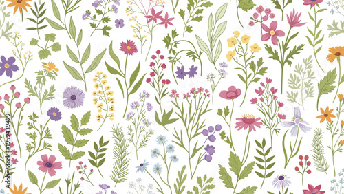 Vibrant wildflower meadow pattern featuring a variety of small colorful blossoms and green leaves on white.