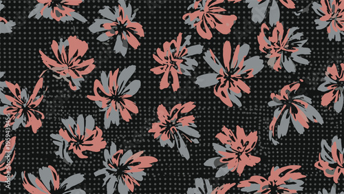 Abstract floral pattern featuring grey and pink blossoms over a black background with a subtle dotted texture.