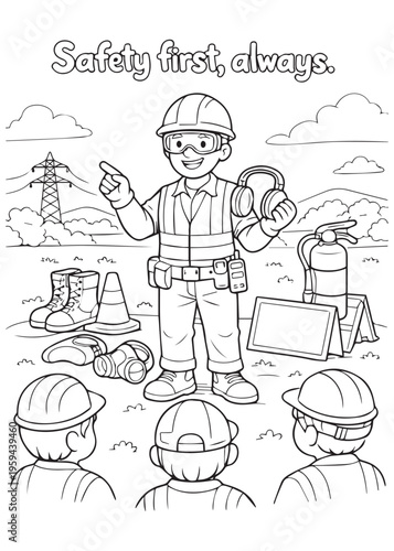 coloring book page father teaching safety first to children at a worksite