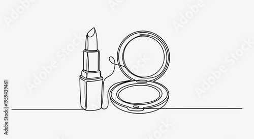 A single line drawing of a lipstick and an open compact powder case
