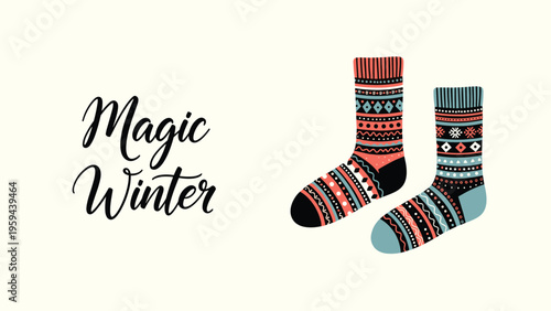 Winter holiday greeting card design with a pair of cozy patterned socks and decorative Magic Winter lettering.