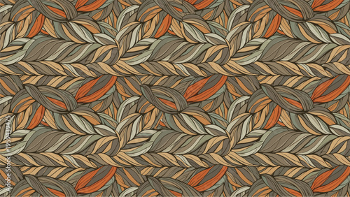 Abstract textile pattern with complex woven textures and braided designs in a palette of earthy forest tones.
