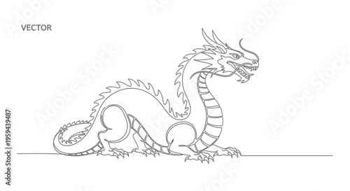 Detailed line drawing of a mythical creature with a long neck and spiky back